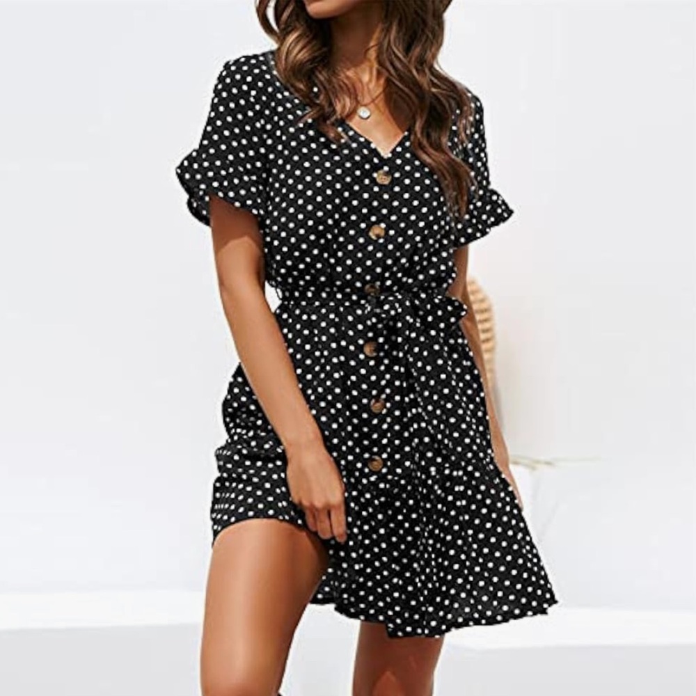Summer Polka Dot Dress Button Down Short Sleeve V-Neck Dress with Belt
